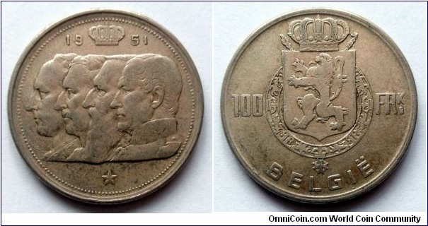 Belgium 100 francs. 1951, Dutch text. Ag 835. Weight; 18g. Diameter; 33mm.Mintage: 4.691.000 pcs.