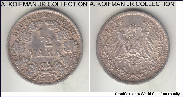 KM-17, 1914 Germany (Empire) half mark, Berlin mint (A mint mark); silver, reeded edge; Wilhelm II, common mint, borderline uncirculated.