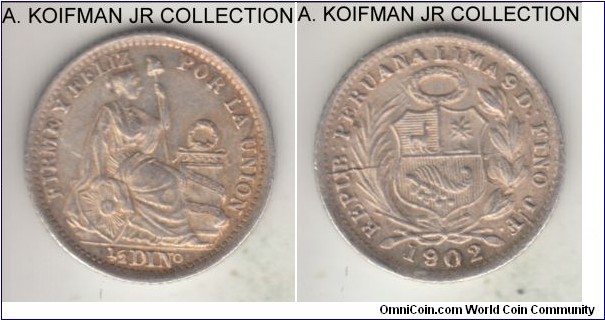 KM-204.2, 1902 Peru dinero; silver, reeded edge; appears to be 1902/1802 overdate variety, golden toned average uncirculated.