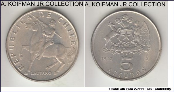 KM-199, 1972 Chile 5 escudos; copper nickel, reeded edge; 1-year type, lightly overall toned uncirculated.