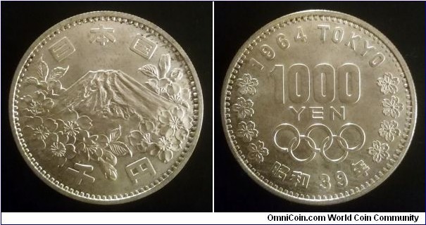 Japan 1000 yen. 1964, Summer Olympics - Tokyo. Ag   925. Weight; 20g. Diameter; 35mm.
