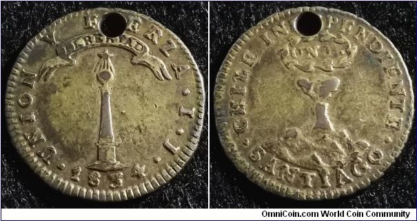 Chile 1834 1 real. Interesting volcano coin. Holed. Weight: 3.20g. 