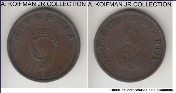 KM-147, 1805 Ireland 1/2 penny; copper, engrailed and center slant reeded edge; George III, 1-year type, very good or so.