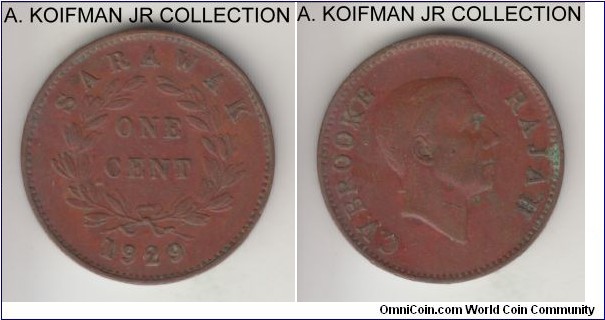 KM-18, 1929 Sarawak cent, Heaton mint (H mint mark); bronze, plain edge; Charles V. Brooke, light brown very fine or so.