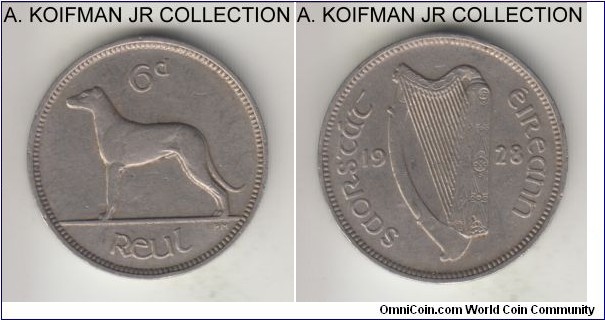 KM-5, 1928 Ireland (Free State) 6 pence; copper-nickel, plain edge; Irish Wolfhound, good very fine to about extra fine.