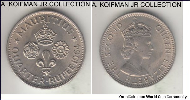 KM-36, 1964 Mauritius 1/4 rupee; copper-nickel, reeded edge; Elizabeth II, somewhat scarcer year, uncirculated.