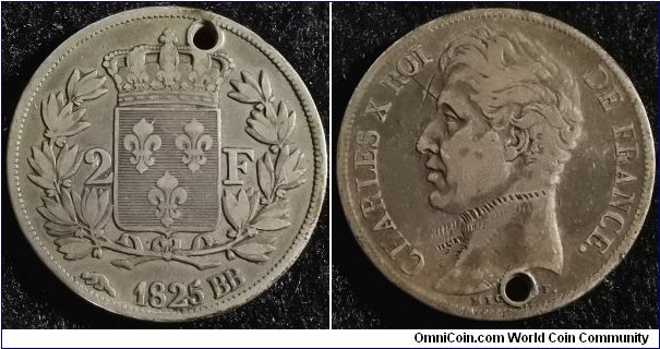 France 1825 2 franc. Mintmark BB. Rather uncommon. Low mintage of 5,838. Holed and scratched. Weight: 9.79g