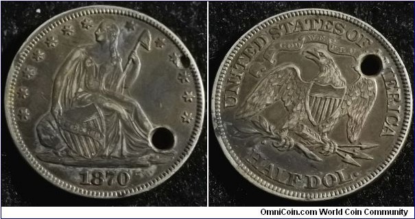 US 1870 half dollar. Holed. Weight: 12.29g