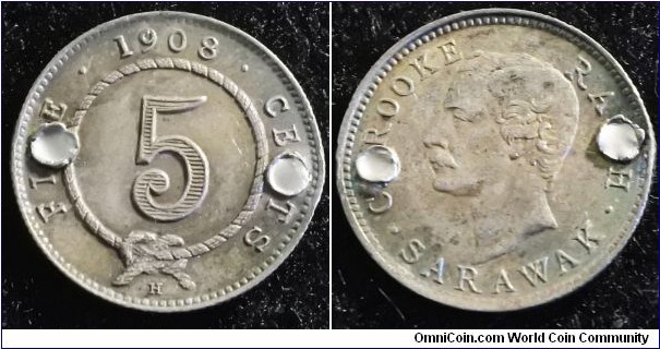 Malaysia - Sarawak 1908 5 cents. Low mintage: 40,000. Nice condition but holed. Weight: 1.36g