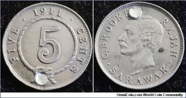 Malaysia - Sarawak 1911 5 cents. Low mintage: 40,000. Holed. Weight: 1.33g