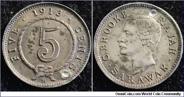 Malaysia - Sarawak 1913 5 cents. Mintage: 100,000. Nice condition but holed. Weight: 1.35g