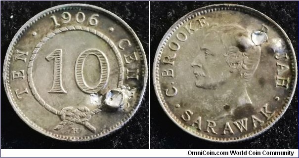 Malaysia - Sarawak 1913 10 cents. Mintage: 50,000. Nice condition but holed. Weight: 2.71g 