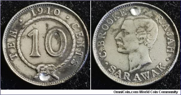 Malaysia - Sarawak 1913 10 cents. Mintage: 50,000. Holed. Weight: 2.66g 