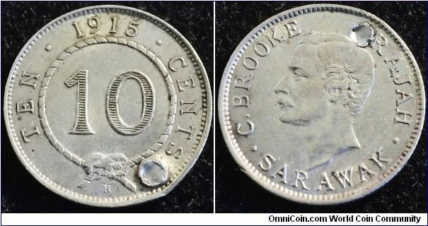 Malaysia - Sarawak 1915 10 cents. Mintage: 100,000. Nice condition but holed. Weight: 2.69g 