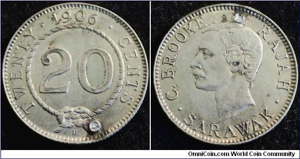 Malaysia - Sarawak 1906 20 cents. Low mintage: 25,000. Nice condition but holed. Weight: 5.43g 