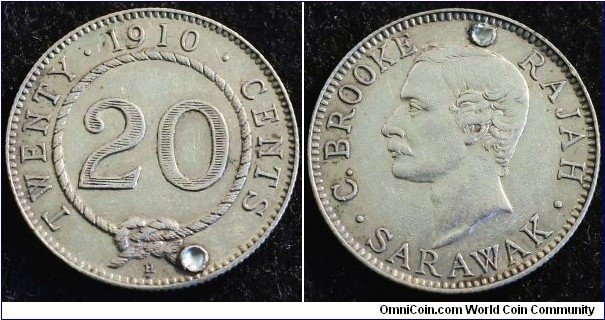 Malaysia - Sarawak 1910 20 cents. Low mintage: 25,000. Holed. Weight: 5.40g 