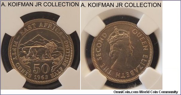 KM-36, 1963 East Africa (British) 50 cents; copper-nickel, reeded edge; Elizabeth II, last year of the issue, NGC graded MS 66.