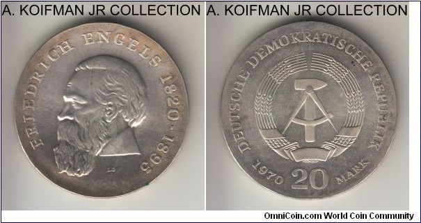 KM-28, 1970 Germany (East) 20 mark, Berlin mint (no mint mark); silver, lettered edge; Friedrich Engels commemorative, mintage 100,000, lightly toned uncirculated.