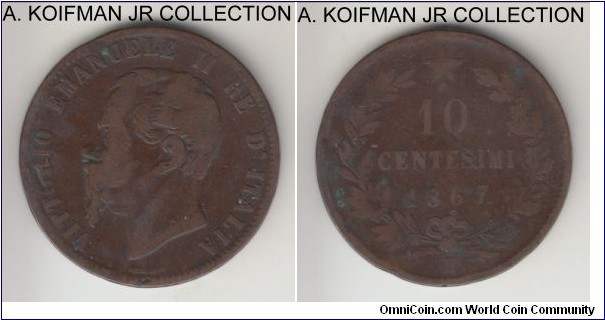 KM-11.3, 1867 Italy (Kingdom) 5 centesimi, Heaton mint (H mintmark); bronze/copper, plain edge; Vittorio Emanuele II, dark brown good or better.