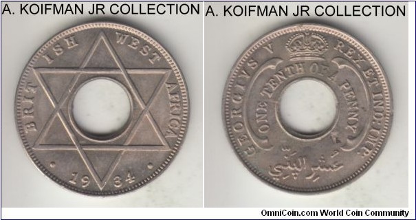 KM-7, 1934 British West Africa 1/10 penny, Royal Mint (no mint mark); copper-nickel, plain edge, holed flan; George V, uncirculated, some obverse toning.