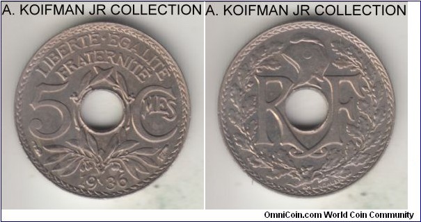 KM-875, 1936 France 5 centimes; copper-nickel, plain edge; common year, better uncirculated.