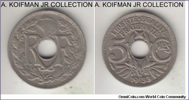 KM-875, 1933 France 5 centimes; copper-nickel, holed flan, plain edge; smaller mintage year, good very fine to extra fine.