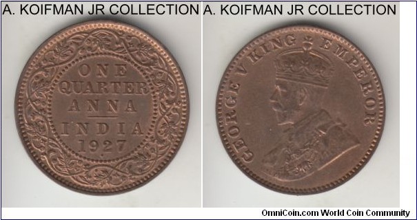 KM-512, 1927 British India 1/4 anna, Bombay mint; bronze, plain edge, George V, red brown uncirculated.