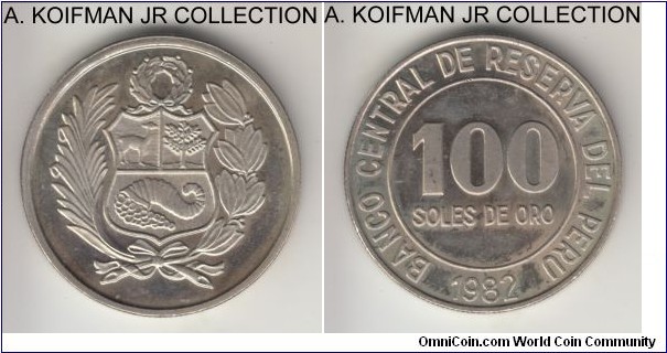 KM-283, 1982 Peru 100 soles; copper-nickel, reeded edge; circulation issue, uncirculated details, toned.