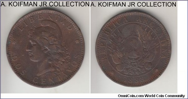 KM-33, 1888 Argentina 2 centavos; bronze, plain edge; smaller mintage year, extra fine or almost, some very minor discoloration