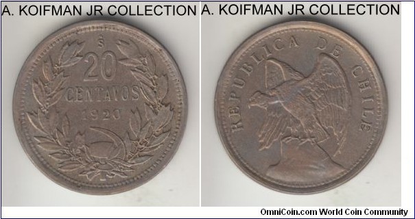 KM-167.1, 1920 Chile 20 centavos, Santiago mint (S mint mark); copper-nickel, plain edge; scarce, good extra fine and toned.