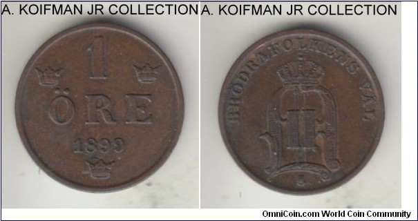 KM-750, 1899 Sweden ore; bronze, plain edge; Oscar II, brown extra fine.