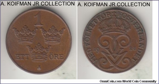 KM-777.2, 1928 Sweden ore; bronze, plain edge; Gustaf V, smaller mintage year, lightly brown uncirculated or almost.