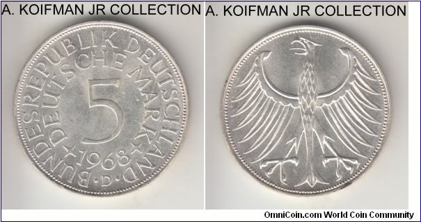 KM-112.1, 1968 Germany 5 marks, Munich mint (D mint mark); silver, lettered edge; circulation issue, one of the smaller mintage years, nice uncirculated, tiny edge stain.