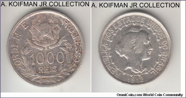 KM-510, 1912 Brazil 1000 reis, Rio de Janeiro mint; silver, reeded edge; very fine, previously cleaned as common.