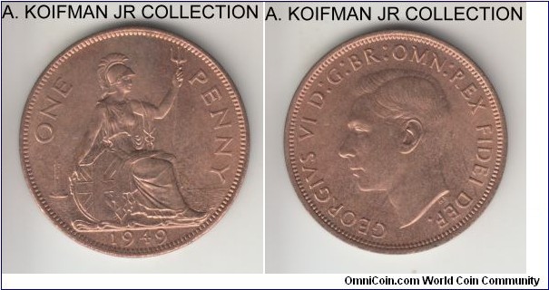 KM-869, 1949 Great Britain penny; bronze, plain edge; George VI, red choice uncirculated.