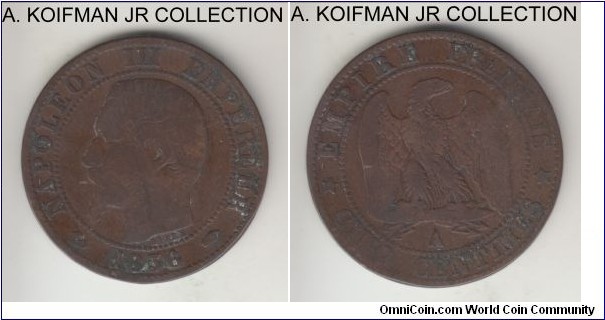 KM-775.1, 1856 France (Second Empire) 5 centimes, Paris mint (A mint mark); bronze, plain edge; Napoleon III, fine or about.