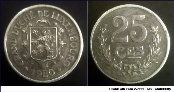 Luxembourg 25 centimes. 1920, Iron.