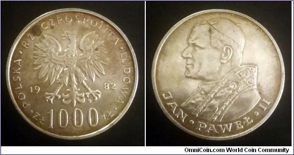 Poland 1000 złotych. 1982, Pope John Paul II. Ag 625 (III)