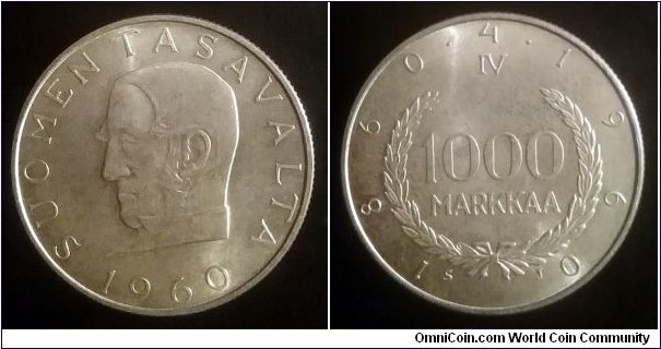 Finland 1000 markkaa. 1960, Markka Currency System Centennial - Johan V. Snellman. Ag 875. Nice condition. Second piece in my collection.