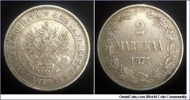 Finland (Grand Duchy) 2 markkaa. 1908 S. Ag 868. Weight; 10,36g. Diameter; 27,5mm. Mintage: 502.000 pcs.