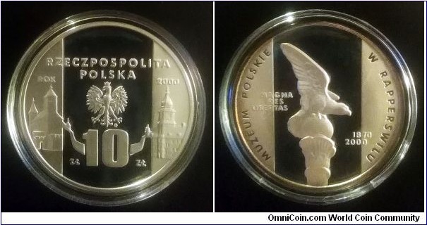 Poland 10 złotych. 2000, 130th Anniversary of foundation of Polish Museum in Rapperswil. Ag 925. Weight; 14,14g. DFiameter; 32mm. Proof. Mintage: 25.000 pcs.