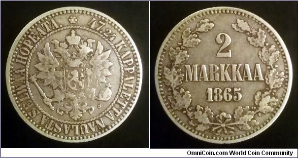 Finland (Grand Duchy) 2 markkaa. 1865 S. Ag 868. Weight; 10,36g. Diameter; 27,5mm. Mintage: 203.000 pcs.