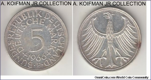 KM-112.1, 1966 Germany 5 marks, Stuttgart mint (F mint mark); silver, lettered edge; circulation issue, common year, extra fine details, probably cleaned.