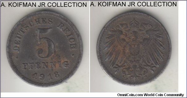 KM-19, 1918 Germany 5 pfennig, Hamburg mint (J mint mark); iron, plain edge; late Wilhelm II,  typical iron oxidation, about extra fine details.