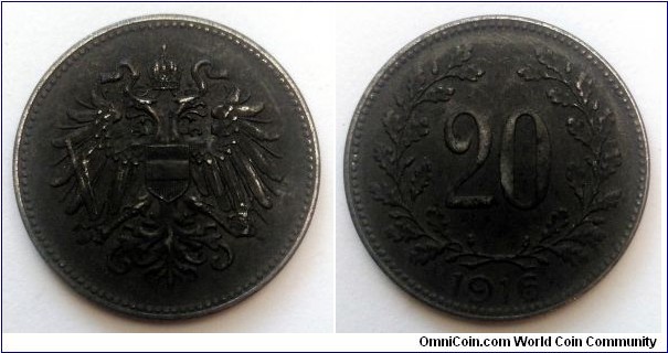 Austrian Empire 20 heller. 1916, Iron.