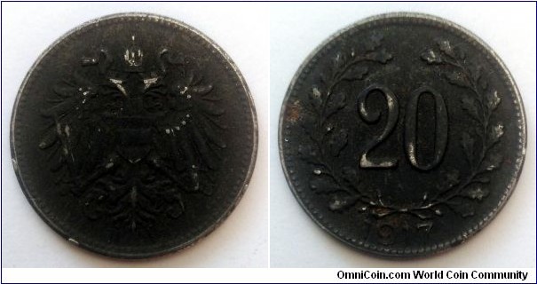 Austrian Empire 20 heller. 1917, Iron.