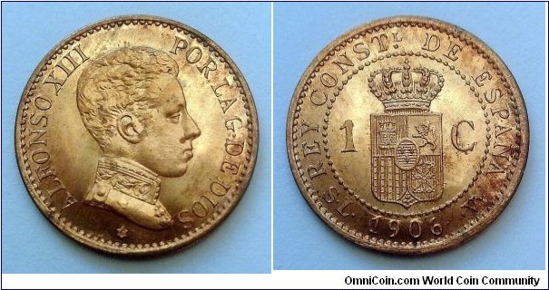 Spain 1 centimo. 1906 SLV, Alfonso XIII.