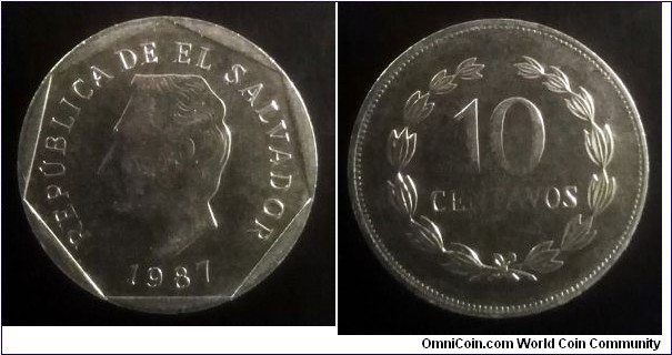 El Salvador 10 centavos. 1987, Weak strike reverse centre.