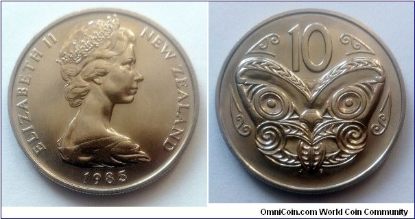 New Zealand 10 cents from 1985 BU Year Set. Mintage: 20.000 pcs