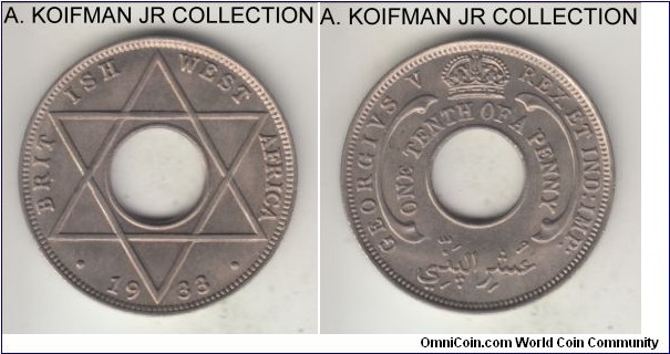 KM-7, 1933 British West Africa 1/10 penny, Royal Mint (no mint mark); copper-nickel, plain edge, holed flan; George V, nice uncirculated.